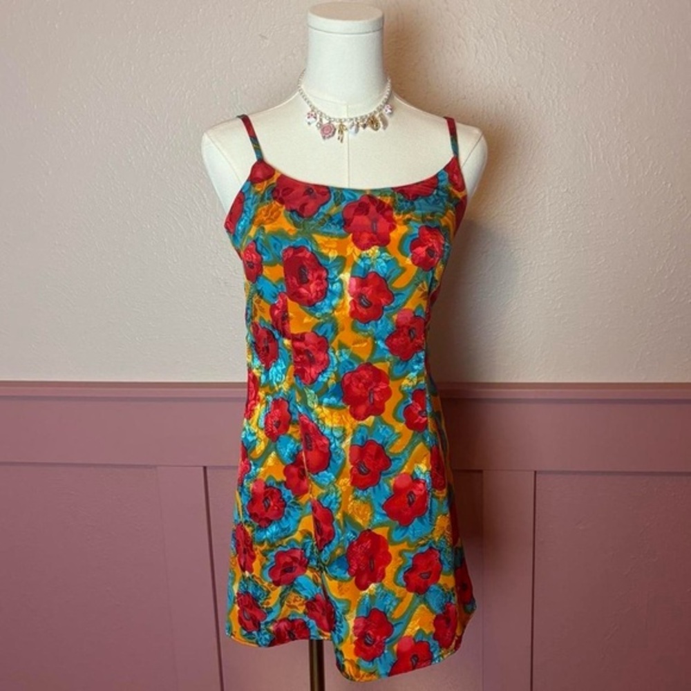 Fairy Vintage Retro Floral Slip Mini Dress with Red Poppy Print